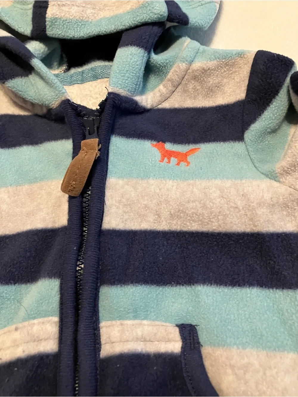 Striped Hooded One-Piece in Blue and Gray with Fox